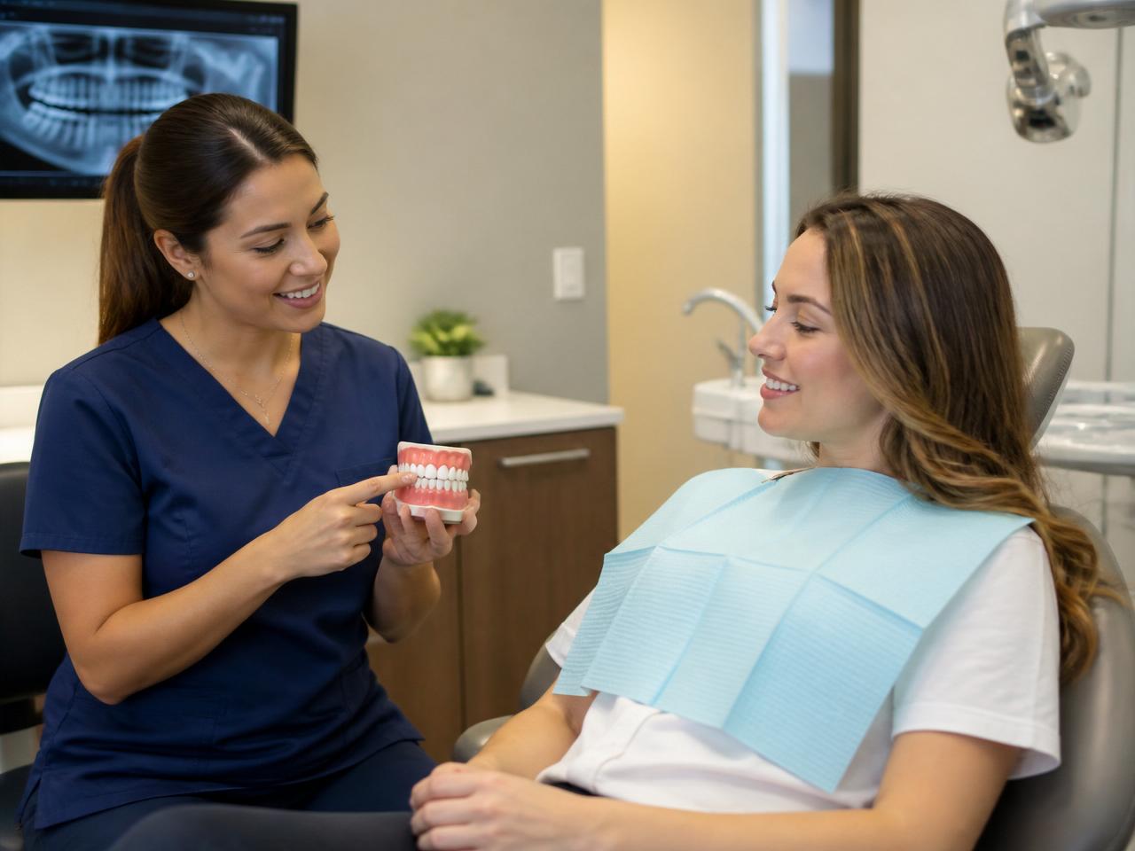 Dental professional discussing care with a patient in a modern office